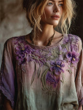 Load image into Gallery viewer, Vintage Purple Flowers Forest Gradient Flowy Linen Tunic