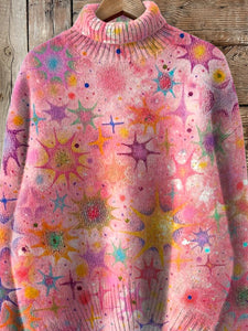 Hand Drawing Style Crayon Star Pattern Printed Knit Turtleneck Pullover Sweater