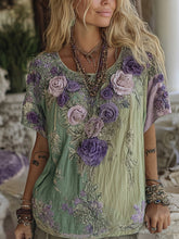 Load image into Gallery viewer, Classy Gradient Purple Lavender And Floral Embroidered Linen Short Sleeve T-shirt
