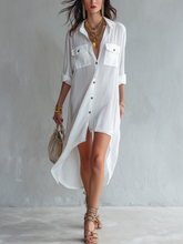 Load image into Gallery viewer, Casual White Front Buttoned Shirt Dress With A High Low Hem