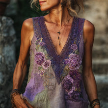 Load image into Gallery viewer, Vintage Glitter Purple Roses Embroidered Linen Tank Top