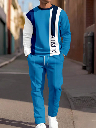 Men's Simple Colorblock Round Neck Casual Sports Set 055