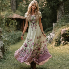 Load image into Gallery viewer, Boho Floral Embroidery Gradient Women's Linen Short Sleeve Maxi Dress