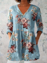 Load image into Gallery viewer, Women's Elegant Floral Pattern Round Neck Cotton and Linen Top