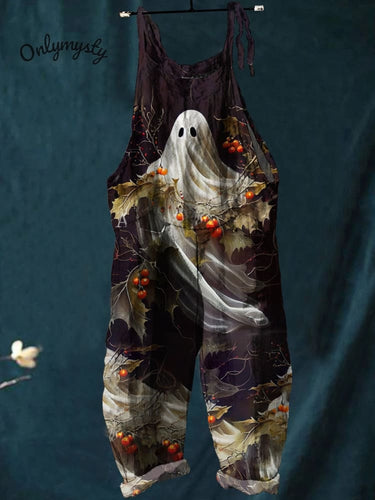 Women's   Halloween Ghost  Art  Print Casual 100% Cotton Wide Leg Jumpsuit