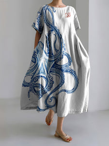 Vintage Japanese Art Octopus Print Casual Midi Dress