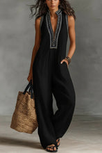 Load image into Gallery viewer, Linen blend sleeveless jumpsuit with zipper and embroidered stand-up collar