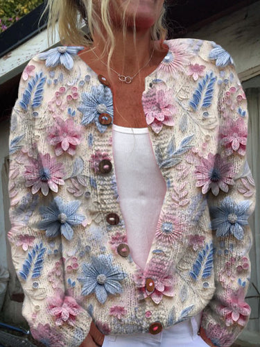 Fresh Three-dimensional Pink Blue Flowers Print Buttoned Cardigan Sweater