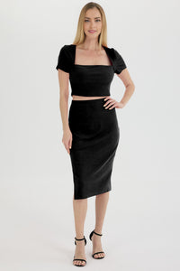 Ribbed Square Neck Crop Top Slit Skirt Suits