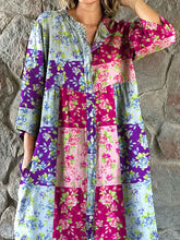Load image into Gallery viewer, Women's Elegant Rose Floral Geometric Print Shirt Style Cotton and Linen Dress