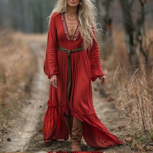 Load image into Gallery viewer, Women's Vintage Pastoral Style V-neck Linen Long-sleeve Maxi Long Dress