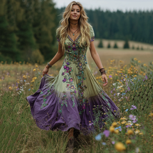 Load image into Gallery viewer, Vintage Purple Floral Embroidery Linen Short Sleeve Dress