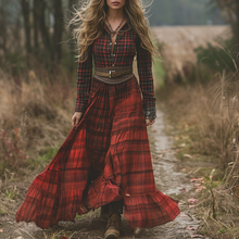 Load image into Gallery viewer, Women's Vintage V-neck Bohemian Pastoral Plaid Style Long-sleeve Maxi Long Dress