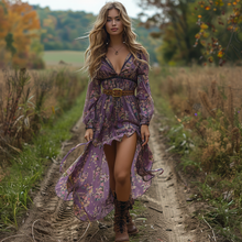 Load image into Gallery viewer, Women's Retro V-neck Floral Long-sleeve Bohemian Pastoral Style Maxi Long Dress