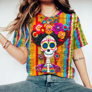 Halloween Rainbow Skull Print Round Neck Short Sleeve T-Shirt
