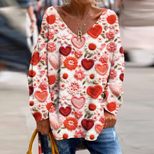 Load image into Gallery viewer, Valentine's Day Heart Embroidered Print V-Neck Long Sleeved Loose T-Shirt