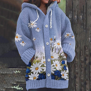 Daisy Print Knitted Hooded Cardigan