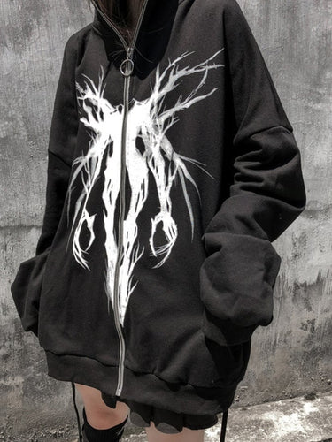 Gothic Dark Print Long Sleeve Hooded Print Jacket