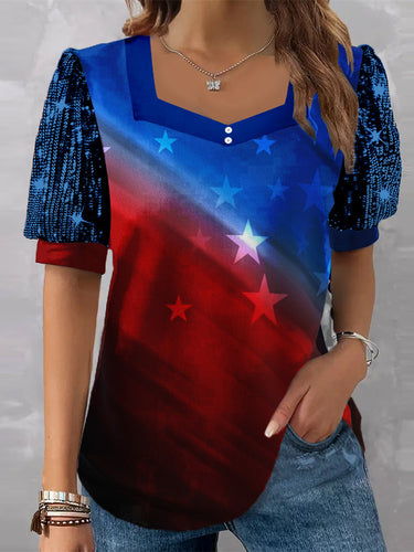 Women's Short Sleeve V-neck Graphic Printed Sequins Stitching Top