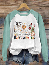 Load image into Gallery viewer, Women&#39;s Hallothanksmas Dancing Skeleton Print Sweatshirt