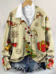 Christmas Pattern Art Print Buttoned V-neck Cardigan Sweater