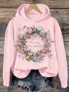 Women's Christmas Holly Print Hooded Sweatshirt