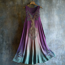 Load image into Gallery viewer, Vintage Tree Of Life Embroidered Gradient Linen Dress