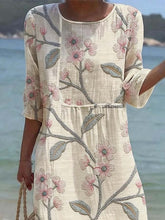 Load image into Gallery viewer, Women's Casual  Round Neck Mid Sleeve Print Cotton and Linen Dress