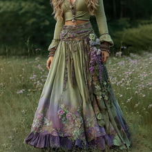 Load image into Gallery viewer, Vintage Boho Purple Floral Patchwork Art Flowy Casual Linen Skirt