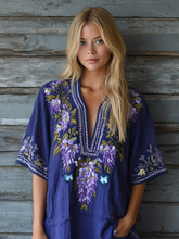 Load image into Gallery viewer, Women's  Lavender Butterfly Embroidery Linen V-neck Shirt