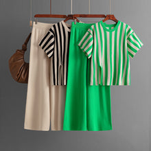 Load image into Gallery viewer, Casual Vertical Stripe Slit Top &amp; High Waist Solid Color Pants Two-Piece Set