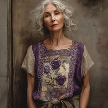 Load image into Gallery viewer, Vintage Purple Roses Embroidered Patch Contrast Linen Tunic