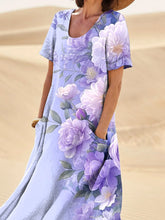 Load image into Gallery viewer, Mixed Floral Art Printed Women's Linen Pocket Dress