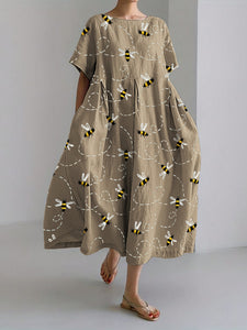 Flying Bees Embroidery Pattern Linen Blend Maxi Dress