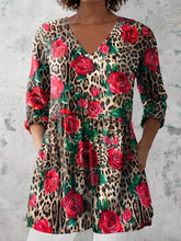 Load image into Gallery viewer, Women's Retro Leopard Floral Art Print Casual Cotton And Linen V-neck Top