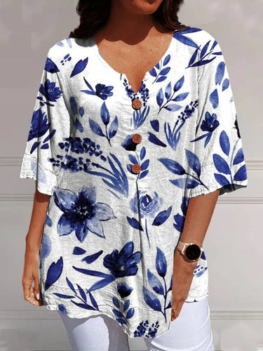 Women's Floral Pattern Print Casual V-neck Shirt