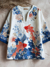Load image into Gallery viewer, Japanese Goldfish Floral Embroidery Women's V-neck Shirt