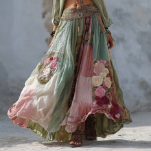 Load image into Gallery viewer, Boho Roses Embroidered Vintage Patchwork Flowy Linen Skirt