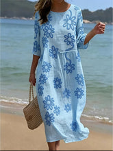 Load image into Gallery viewer, Women's Casual  Round Neck Mid Sleeve Print Cotton and Linen Dress