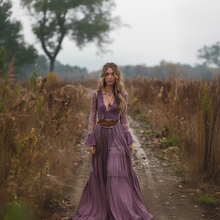 Load image into Gallery viewer, Women's Retro V-neck Country Pastoral Linen Style Long-sleeve Casual Maxi Long Dress