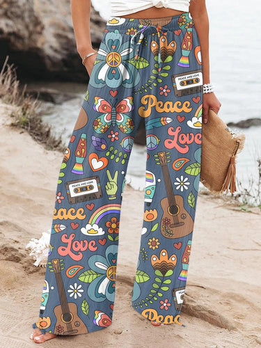 Women's Retro Hippie and Peace Printed Casual Pants