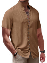 Load image into Gallery viewer, Men's Summer Retro Solid Color Stand Collar Button-Down Short Sleeve Shirt