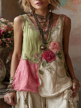 Load image into Gallery viewer, Women's Rose Embroidery Patchwork Print V-neck Linen Blend Tank Top