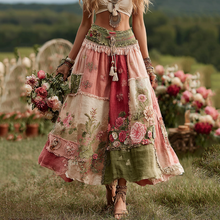 Load image into Gallery viewer, Vintage Boho Rose Floral Patchwork Art Flowy Linen Skirt