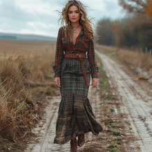 Load image into Gallery viewer, Women's Retro V-neck Plaid Long-sleeve Bohemian Pastoral Style Maxi Long Dress