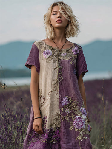 Vintage Lavender Roses Embroidered Patchwork Linen Dress