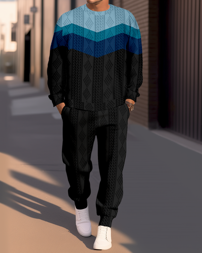 Men's Textured Jacquard Round Neck Casual Sports Set 010