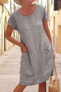 Greattioa-Summer Loose Solid Color Pocket Short Sleeve Round Neck Cotton Linen Dress Women's