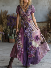 Load image into Gallery viewer, Vintage Purple Patchwork And Floral Embroidered Art Linen Maxi Dress
