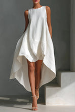Load image into Gallery viewer, Women's White Linen Fabric Sleeveless Midi Dress With Round Neck &amp; Asymmetric Hem